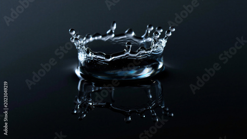 Foto Macro water drop splash forming a liquid crown shape on dark reflective surface