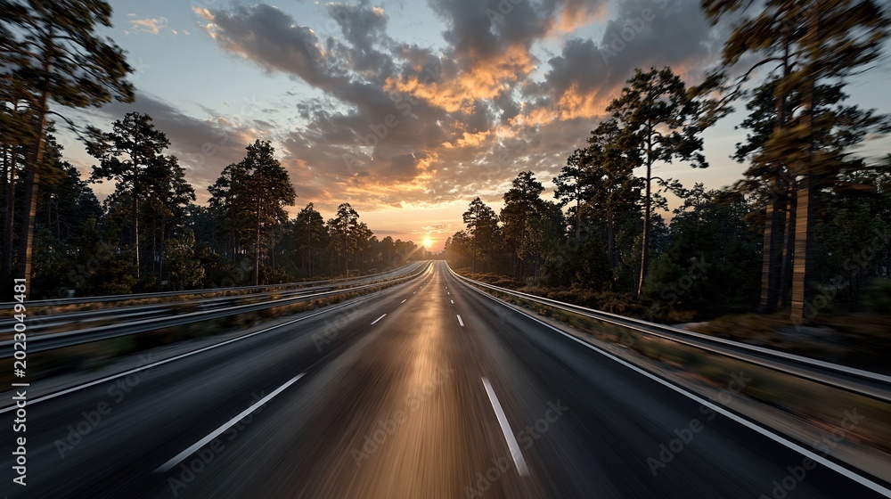 Fototapeta premium Scenic Highway Drive at Sunset Through a Pine Forest with Dramatic Clouds