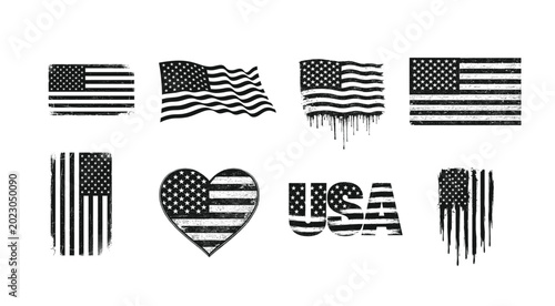 Patriotic USA Flag Vector Set with Vintage American Flag and Heart Designs