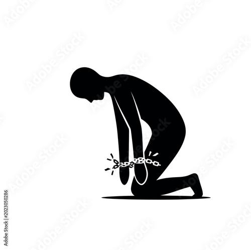 Картината върху платно Silhouette of a person kneeling with broken chains.