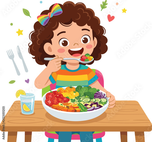 Foto Kids nutrition and balanced vegan diet concept featuring cheerful young kid havi