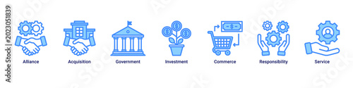 Business Alliance web banner icon vector illustration with icons of Alliance, Acquisition, Government, Investment, Commerce, Responsibility and Service
