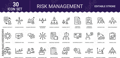 Foto Risk management icon set with business continuity financial loss and corporate governance