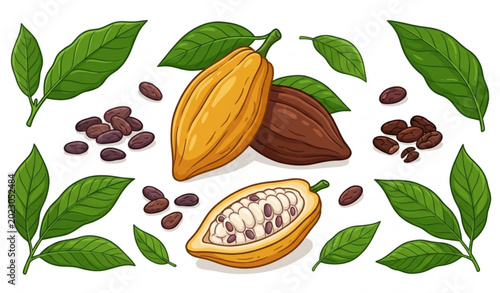 Canvastavla Cocoa pod and cacao bean vector set with tropical chocolate ingredients isolated