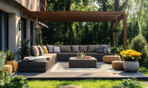 Stylish outdoor lounge area with modern wicker furniture and lush green surroundings