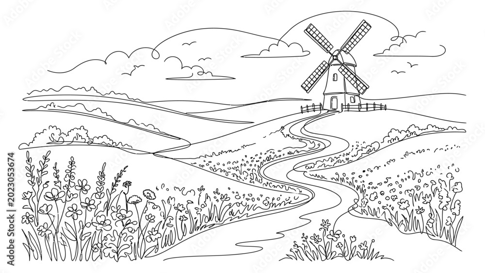 Fototapeta premium A serene landscape with a windmill.