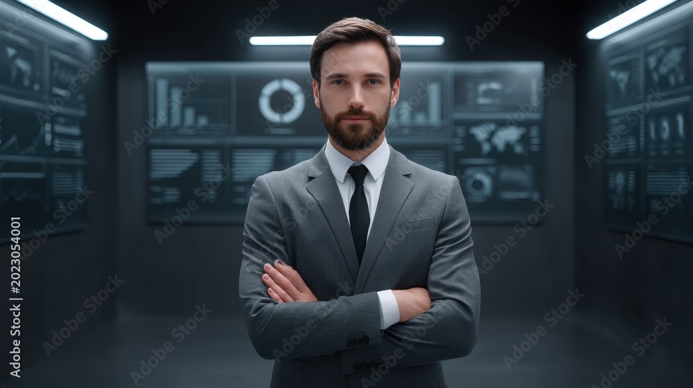 Obraz premium Confident businessman in formal attire poses with arms crossed in a modern office space with digital graphs and dashboards in the background