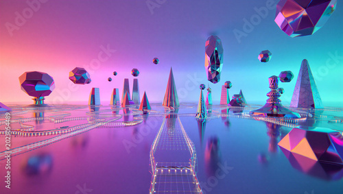 Εκτύπωση καμβά Surreal landscape with iridescent geometric shapes in a neon dreamscape