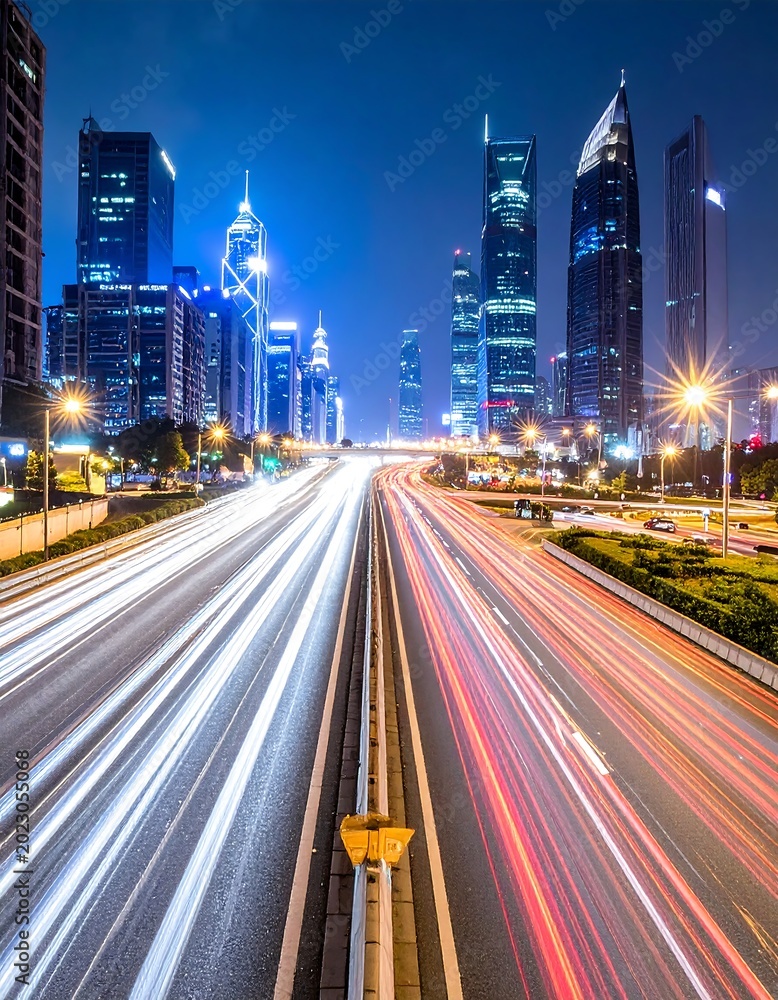 Fototapeta premium City Highway at Night with Skyscrapers.