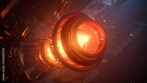 Cuadro en lienzo Close-up of an intricate glowing orange mechanical component with power source