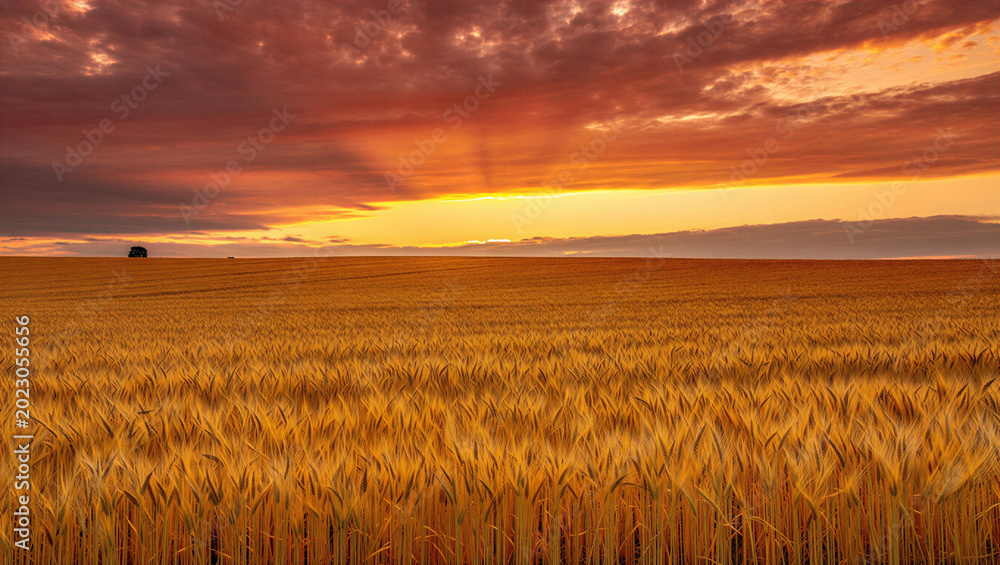 Obraz premium Golden wheat field under dramatic sunset sky with fiery clouds, rural landscape