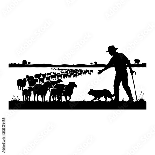 Fényképezés Shepherd and Sheepdog Herding Flock of Sheep Silhouette Vector Illustration