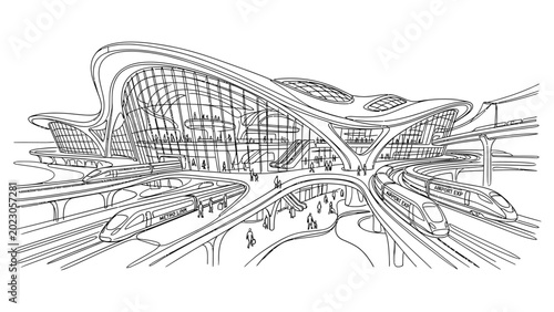 A futuristic train station with sleek architecture and busy platforms.
