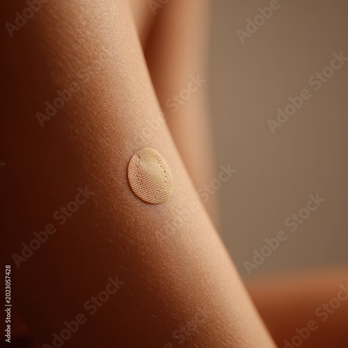 Close up of a small round adhesive bandage on smooth skin after vaccination or injection