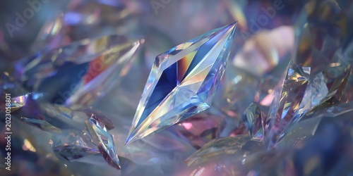 elegant iridescent crystals and diamonds surrounded by sparkling metallic shards for luxury jewelry and fashion advertising