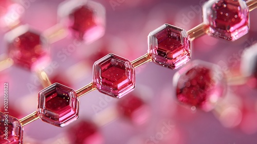 close-up of red crystal hexagon-shaped molecular model for scientific research and chemistry visualization
