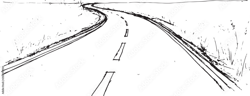 Obraz premium Sketch drawing of empty winding rural road perspective view on transparent background for travel and infrastructure design needs.