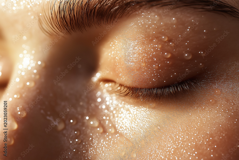 Fototapeta premium Extreme close-up of glowing hydrated female skin around eye with tiny water droplets revealing healthy beauty