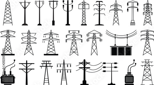 Collection of Electrical Power Transmission Tower and Pole Silhouettes electricity pylon