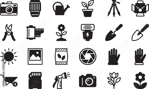 Professional gardening and photography tools collection in monochrome silhouette vector set for creative hobbyists and design.
