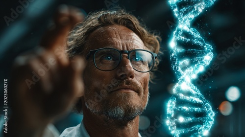 scientific researcher analyzing dna double helix with futuristic technology