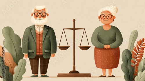 elderly couple with scales of justice symbolizing fairness and equality in law and justice