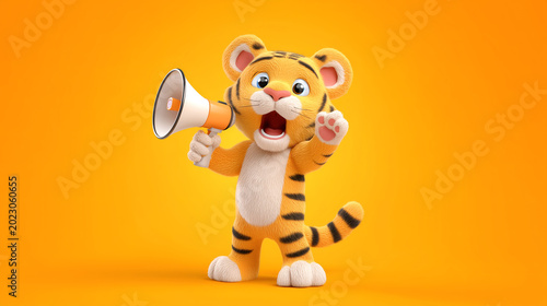 A tiger excitedly speaks into a large megaphone