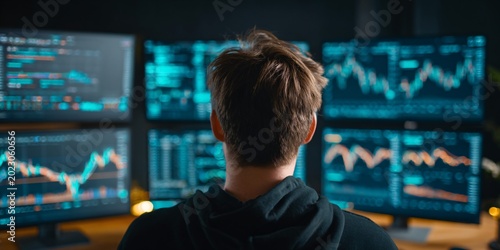 stock market trader analyzing financial data on multiple screens for investment strategies