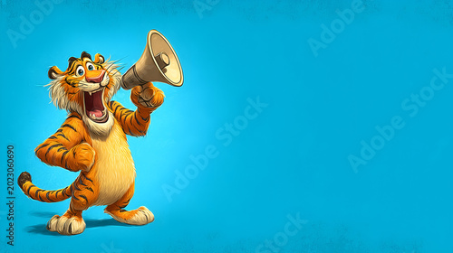 A tiger excitedly speaks into a large megaphone