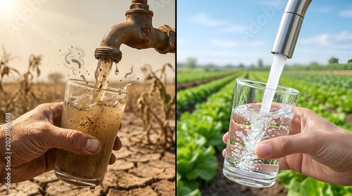 A person holds a glass of dirty water from a rusty faucet in a dry field and a glass of clean water from a shiny faucet in a lush green field.