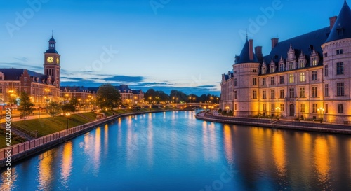 Illuminated chateau and riverfront promenade in lille france at dusk