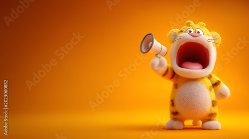 A tiger excitedly speaks into a large megaphone