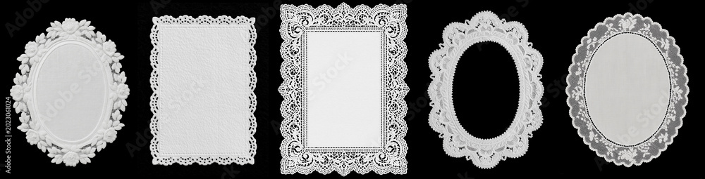 Obraz premium White oval rectangular lace doily with delicate elegant floral embroidery on black background - design set