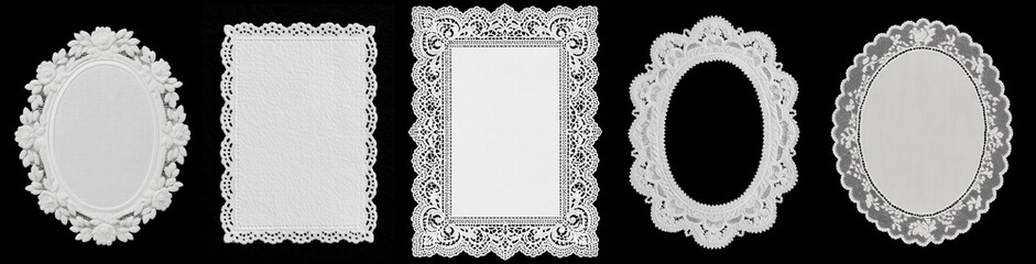 White oval rectangular lace doily with delicate elegant floral embroidery on black background - design set