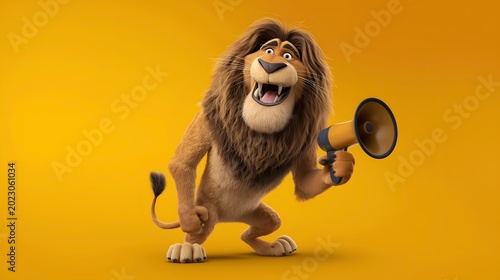 A cute lion excitedly speaks into a large megaphone