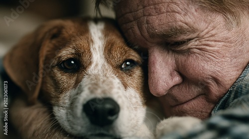 heartwarming bond between an elderly man and his loyal rescue dog close-up