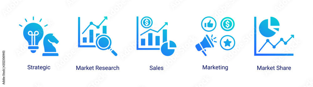 Fototapeta premium Market strategy icon set featuring sales,marketing,market share and research vector collection