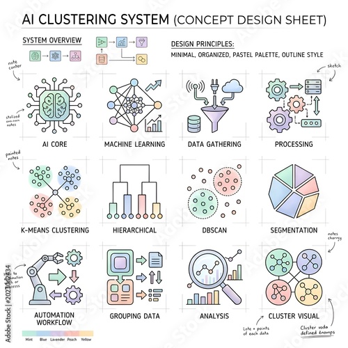 AI Clustering System Concept Design Illustration for Data Analysis.