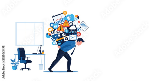 Overworked businessman struggling to carry a heavy load of various digital icons representing stress and tasks.