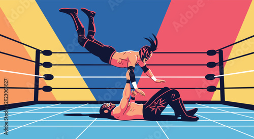 Professional wrestling scene with two masked luchadores performing an acrobatic high-flying move in the ring.