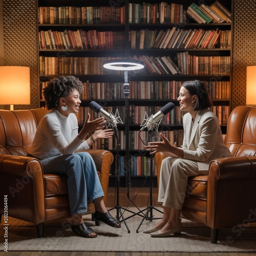  A Black female entrepreneur hosts a podcast-style interview with a guest in a cozy, book-filled home studio. Soft LED ring lighting complements warm ambient lamps, illuminating a professional microph