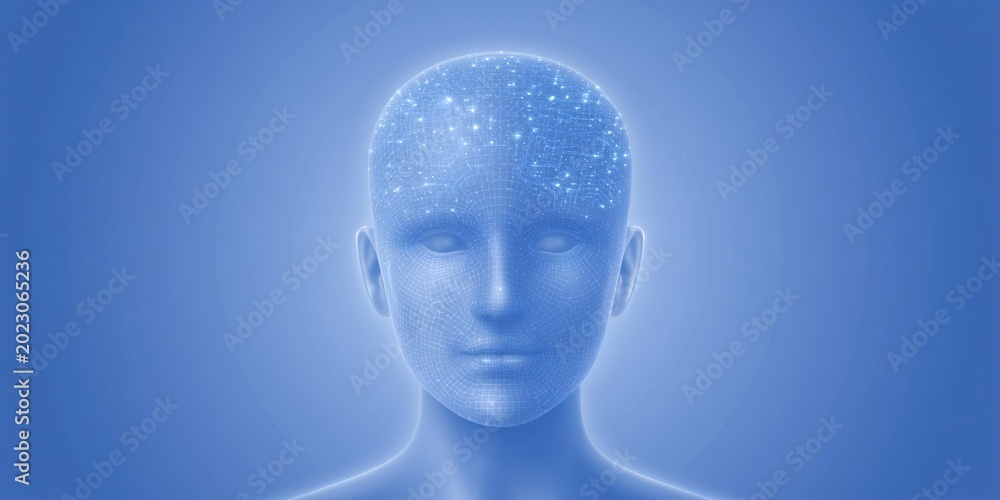 Obraz premium futuristic digital human face with wireframe and glowing connectivity visualization