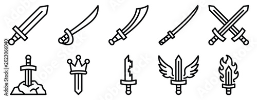 Photos Sword icon set line outline collection for weapon symbols including katana saber