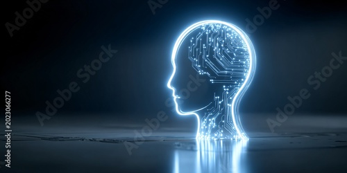 futuristic digital human profile icon with circuitry and glowing light effects