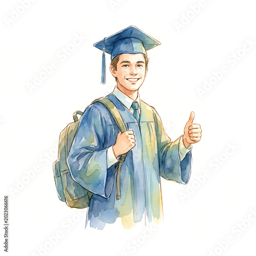Vibrant watercolor illustration of a proud young graduate in cap and gown, smiling confidently and giving a thumbs-up, symbolizing academic success, achievement