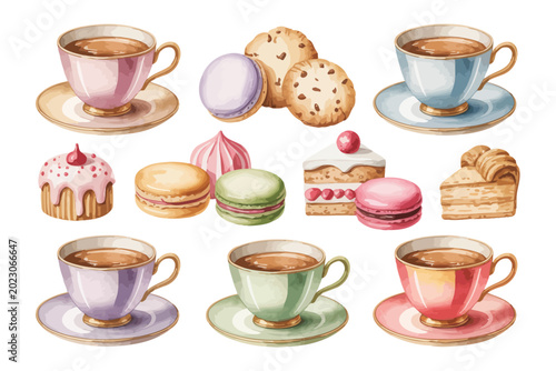Hand-Painted Tea Time Watercolor Bundle, Cookies and Tea Cup Clipart, Isolated Vector Illustration