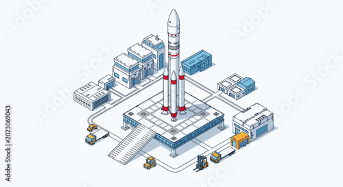 Fotografie Rocket launch site with industrial facilities.