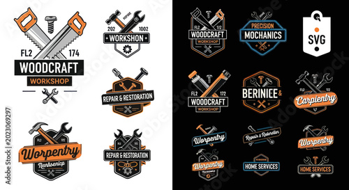Canvastavla Vintage Workshop Logos & Badges: Woodcraft, Carpentry, Mechanics, Repair