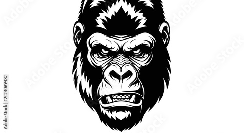 Photography Fierce Gorilla Face Portrait, Aggressive Monkey Head Illustration