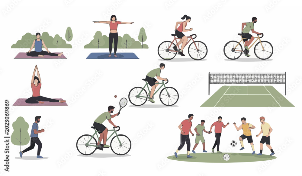 Fototapeta premium Diverse people doing various outdoor sports activities fitness yoga cycling and football vector set